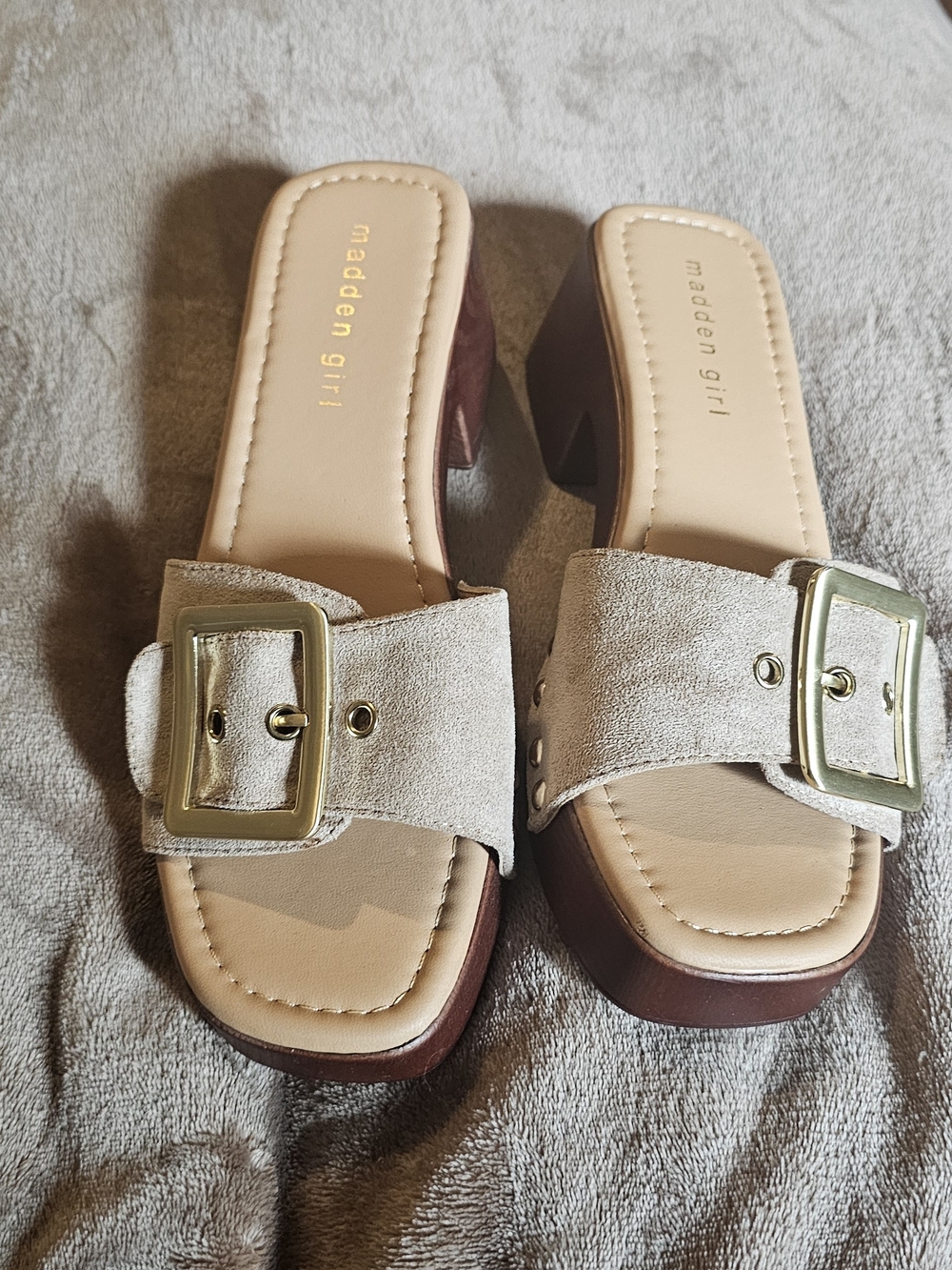 Madden Girl Taupe Suede Buckle Slide Sandals